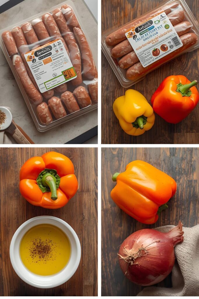 A collage of fresh ingredients for a sheet pan sausage dinner: sausages, bell peppers, and an onion.