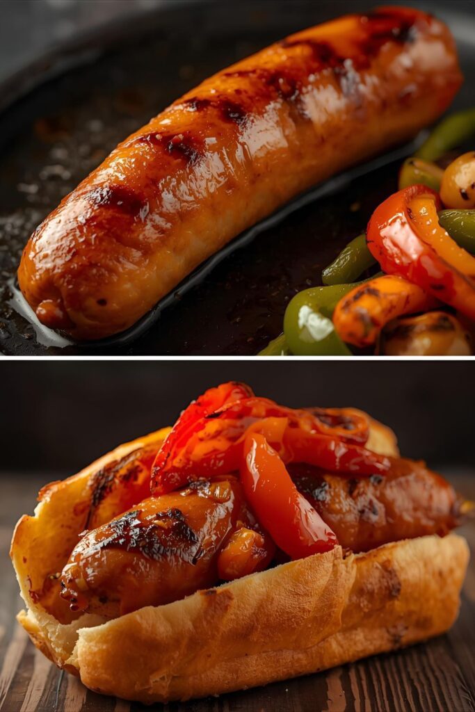 A two-part image showing a close-up of the cooked sausage and a finished sausage and pepper sandwich.