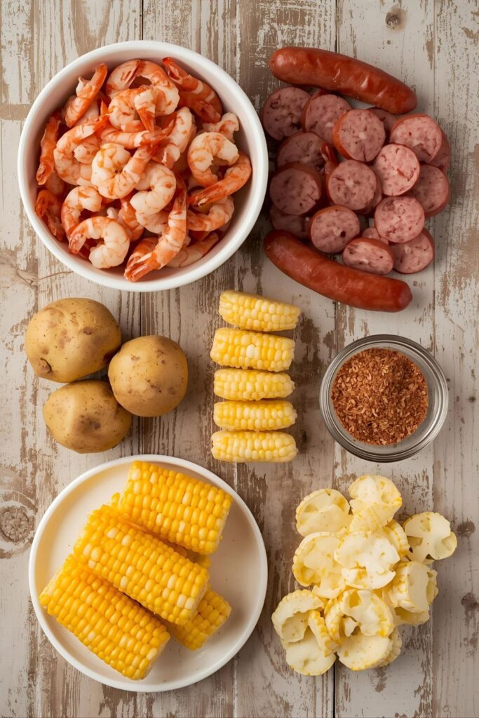 A flat lay of the fresh ingredients for a sheet pan shrimp boil, including raw shrimp, sausage, potatoes, corn, and seasoning.