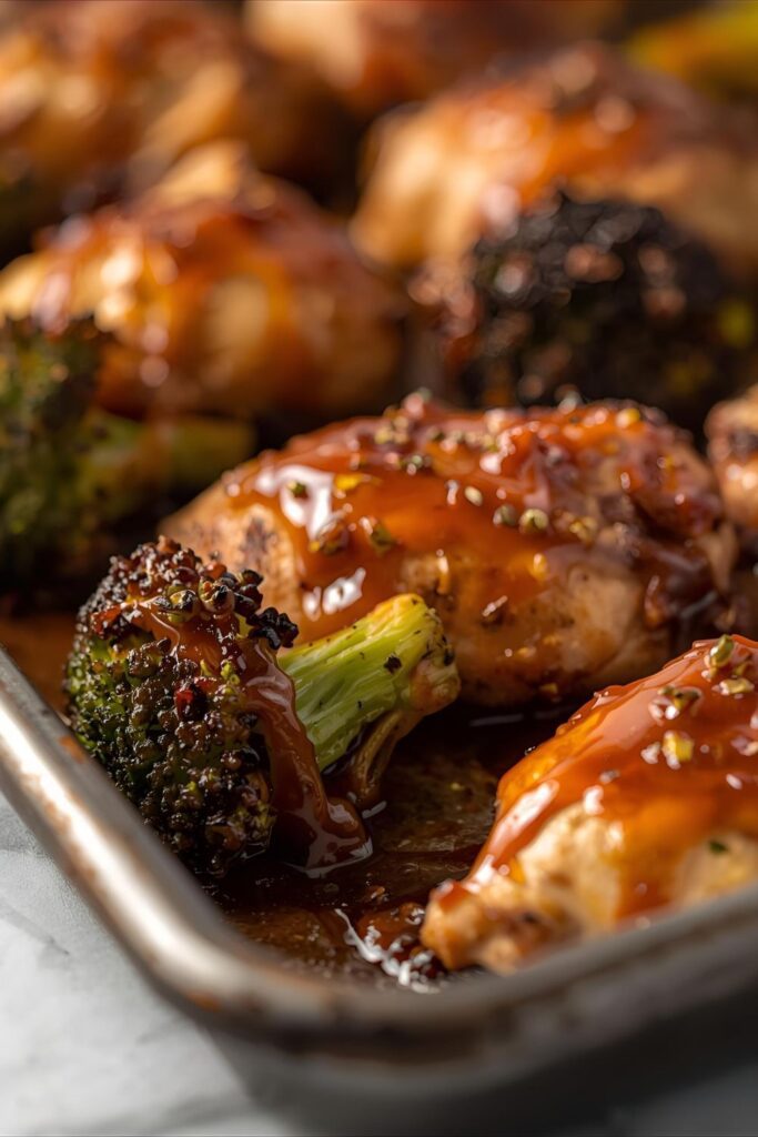 A close-up macro shot showing the caramelized texture of the chicken and broccoli in the sheet pan stir fry.
