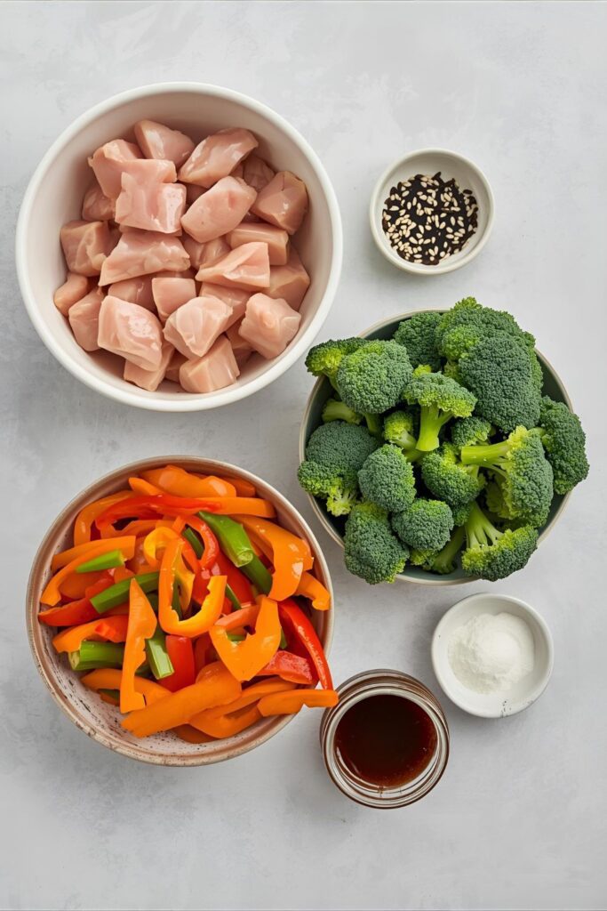 A flat lay collage of raw ingredients for a sheet pan stir fry: chicken, broccoli, peppers, and sauce.
