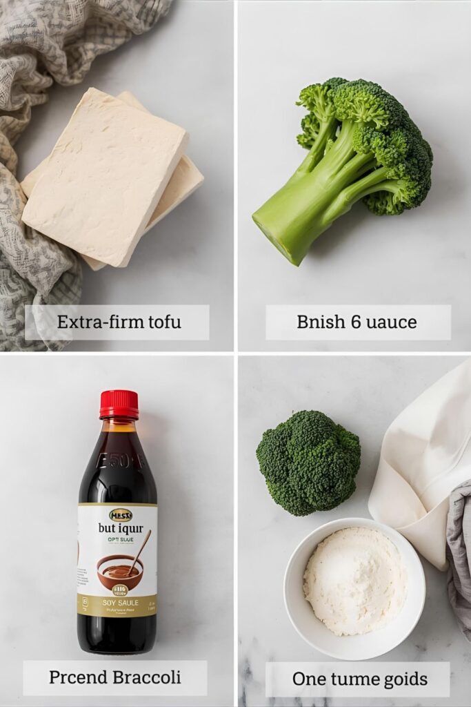 A collage of the ingredients for making crispy sheet pan tofu: tofu being pressed, broccoli, soy sauce, and cornstarch.