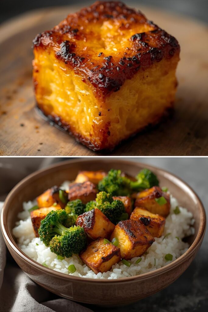 A two-part image showing a close-up of a crispy tofu cube's texture and a plated serving of the finished meal over rice.