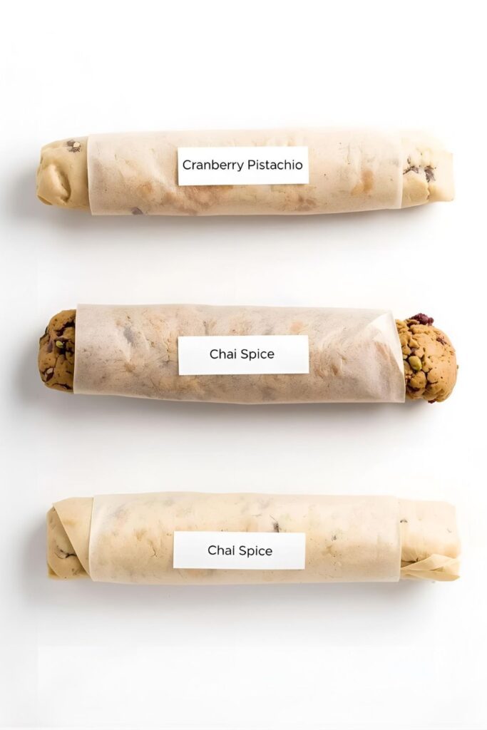 An overhead shot of three different flavored logs of slice-and-bake cookie dough ready for the freezer.