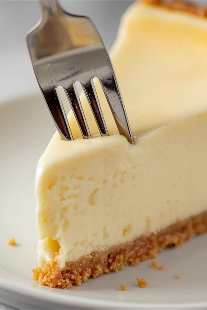 An extreme close-up macro shot of a fork cutting into a creamy slice of no-bake cheesecake.