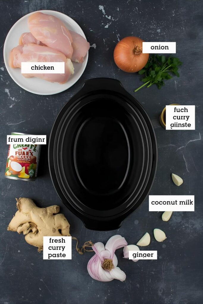A flat-lay image of the ingredients for slow cooker curry, including chicken, coconut milk, and curry paste, arranged around a Crock-Pot.