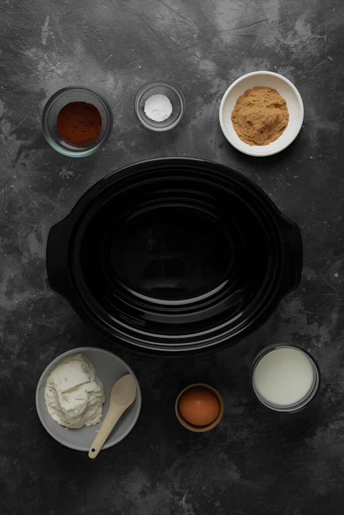 A flat-lay image of the ingredients for slow cooker chocolate lava cake arranged around a slow cooker insert.