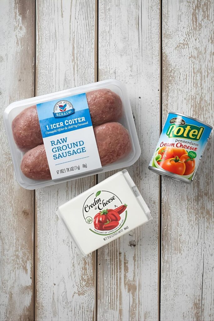 A flat-lay image showing the three ingredients for slow cooker dip: ground sausage, cream cheese, and a can of diced tomatoes and green chilies.