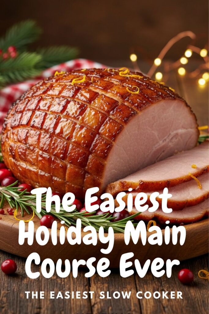 A recipe pin for slow-cooker holiday meals showing a perfectly glazed holiday ham on a platter.