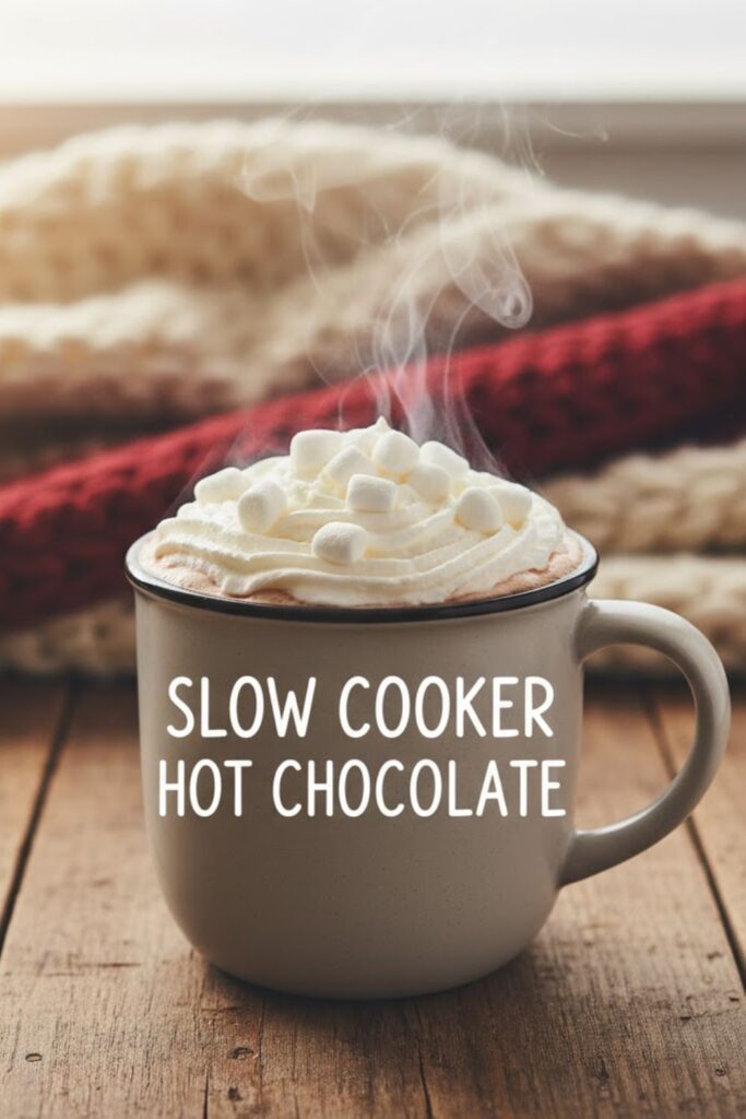 A mug of hot chocolate with whipped cream and marshmallows, featuring the text "SLOW COOKER HOT CHOCOLATE" as a clickable title card for a recipe.