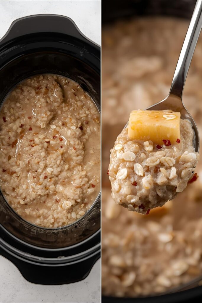 A split image showing the full slow cooker of finished oatmeal and a close-up of a spoonful, highlighting its creamy, chewy texture.