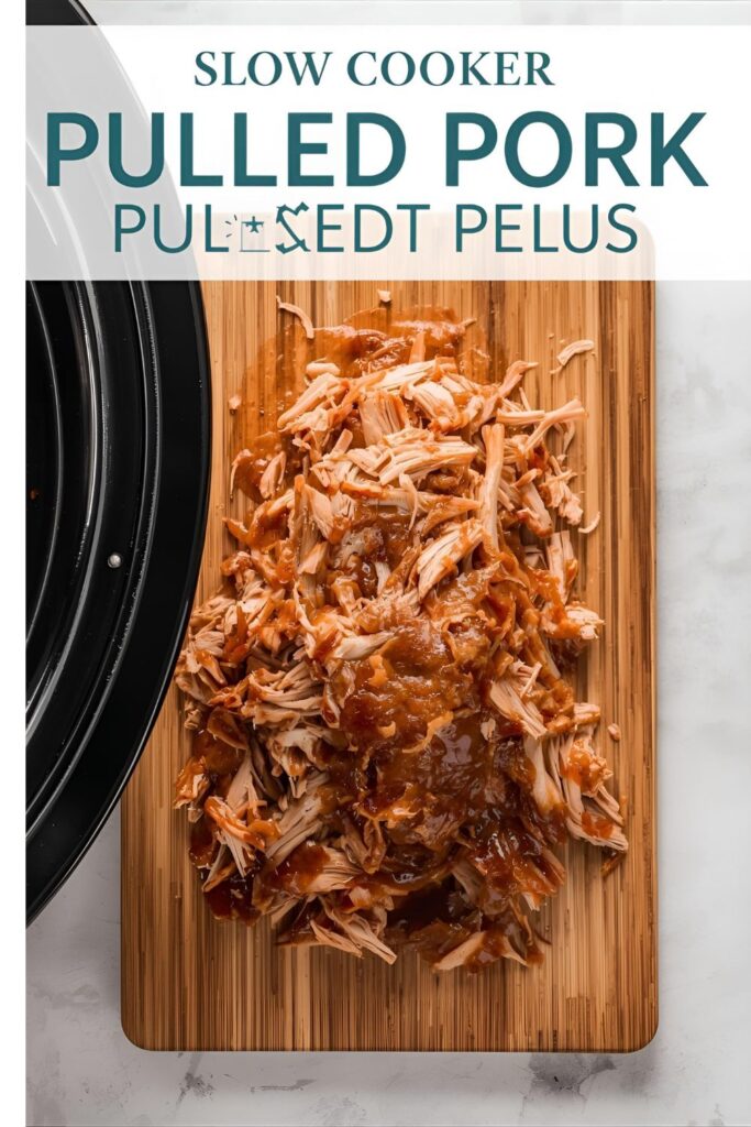Overhead image of shredded, sauced pulled pork on a wooden board next to a slow cooker, with the text overlay "SLOW COOKER PULLED PORK".