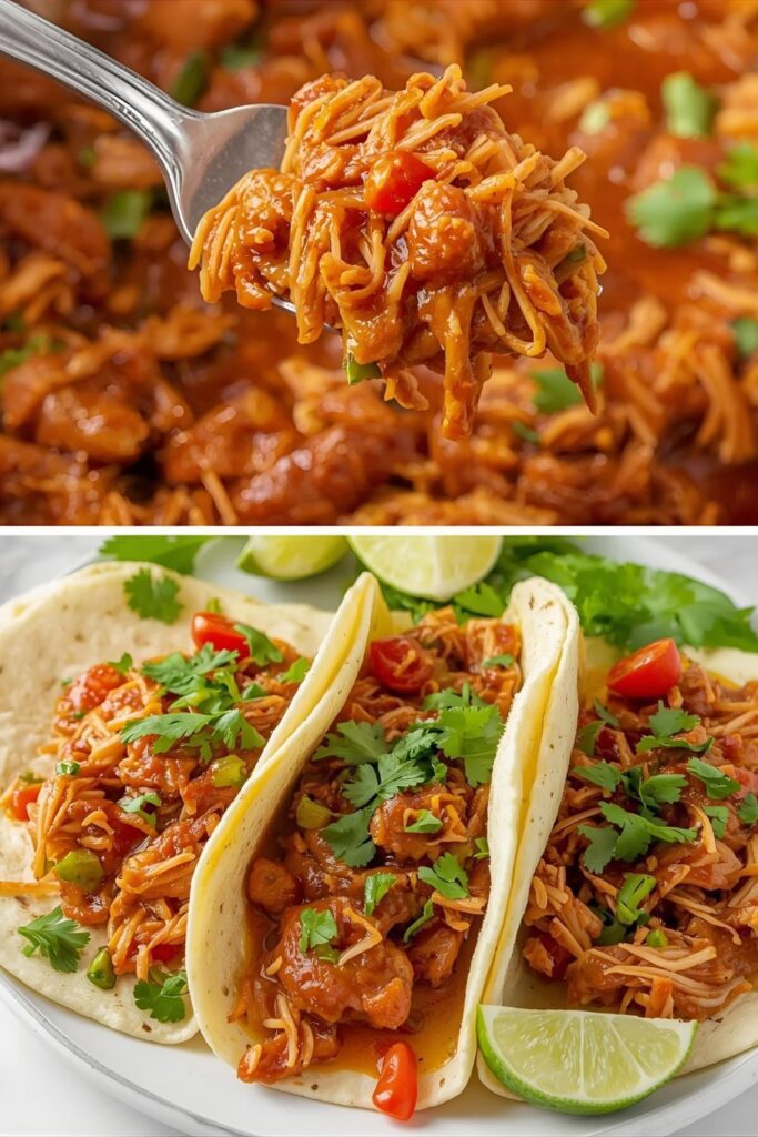 A two-part image showing a close-up of shredded salsa chicken and a plate of finished chicken tacos.