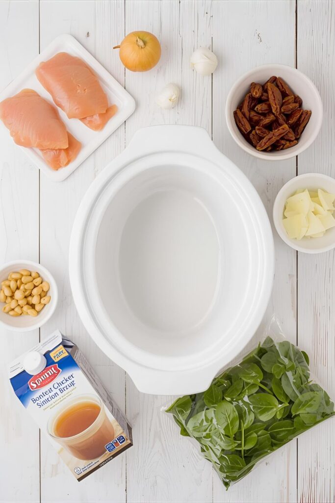 A flat-lay image showing the ingredients for slow cooker soup arranged around a Crock-Pot.