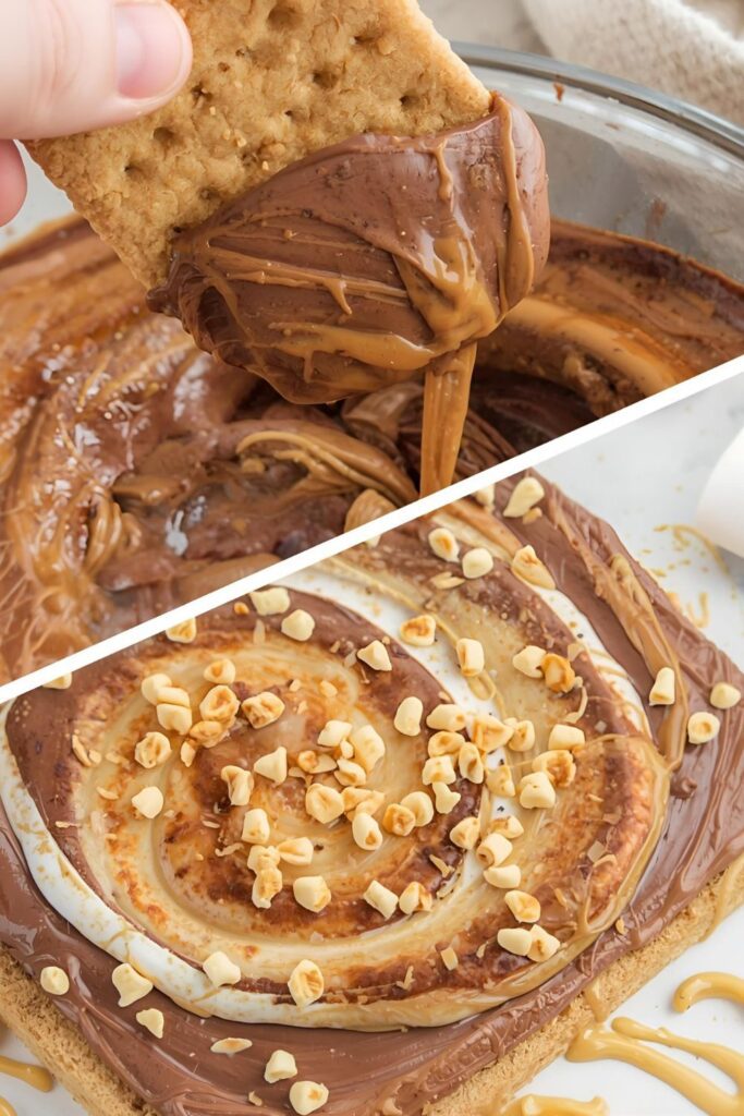 A two-part image showing a graham cracker dipping into gooey s'mores dip and a peanut butter swirl s'mores dip variation.
