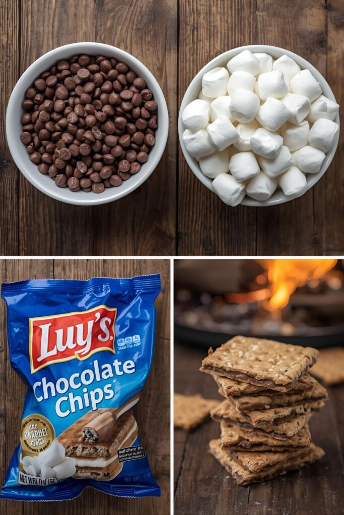 A collage of ingredients for s'mores dip: chocolate chips, marshmallows, and graham crackers.