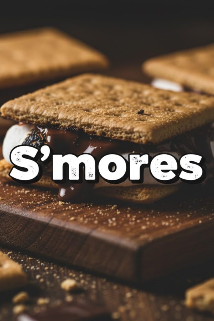 A close-up, dramatic shot of two finished, gooey S'mores stacked on a wooden board, with the text "S'mores" overlaid in a playful, melted-chocolate-style font