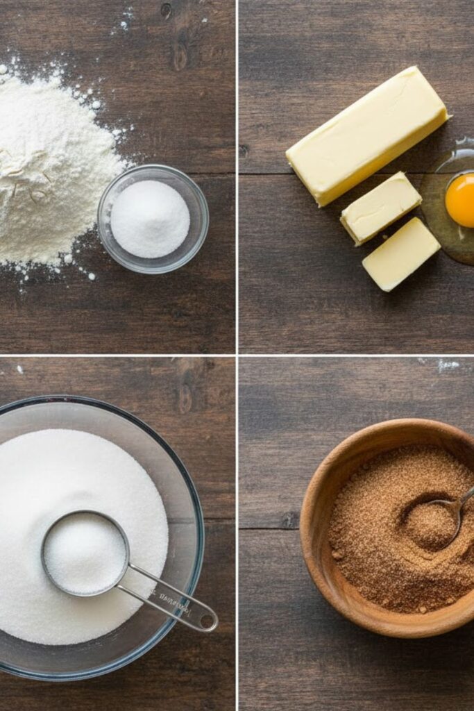 A clean flat lay collage showing the raw ingredients: flour, butter sticks, white sugar, egg, cream of tartar, and a small bowl of cinnamon-sugar mix, arranged on a rustic table.