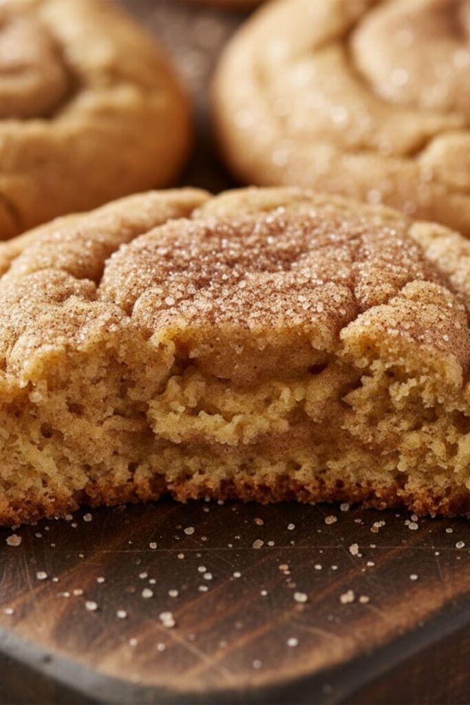 An extreme close-up shot focusing on the center of a baked snickerdoodle cookie, highlighting the soft, chewy interior and the crinkled, cinnamon-coated exterior.