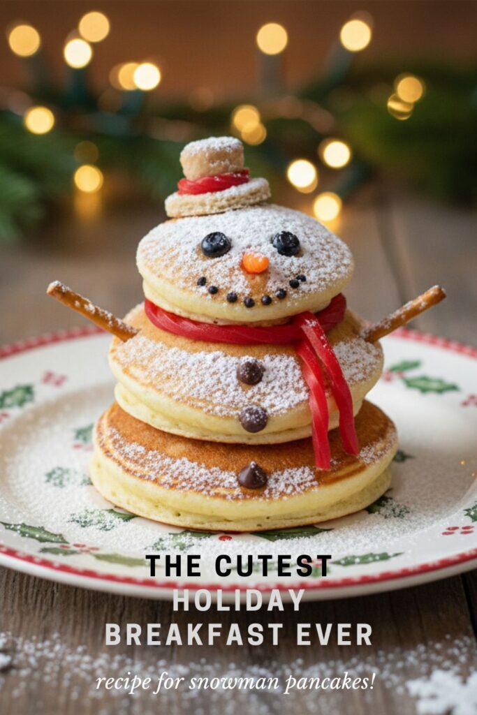 A recipe pin for snowman pancakes showing a finished, decorated snowman pancake on a plate.