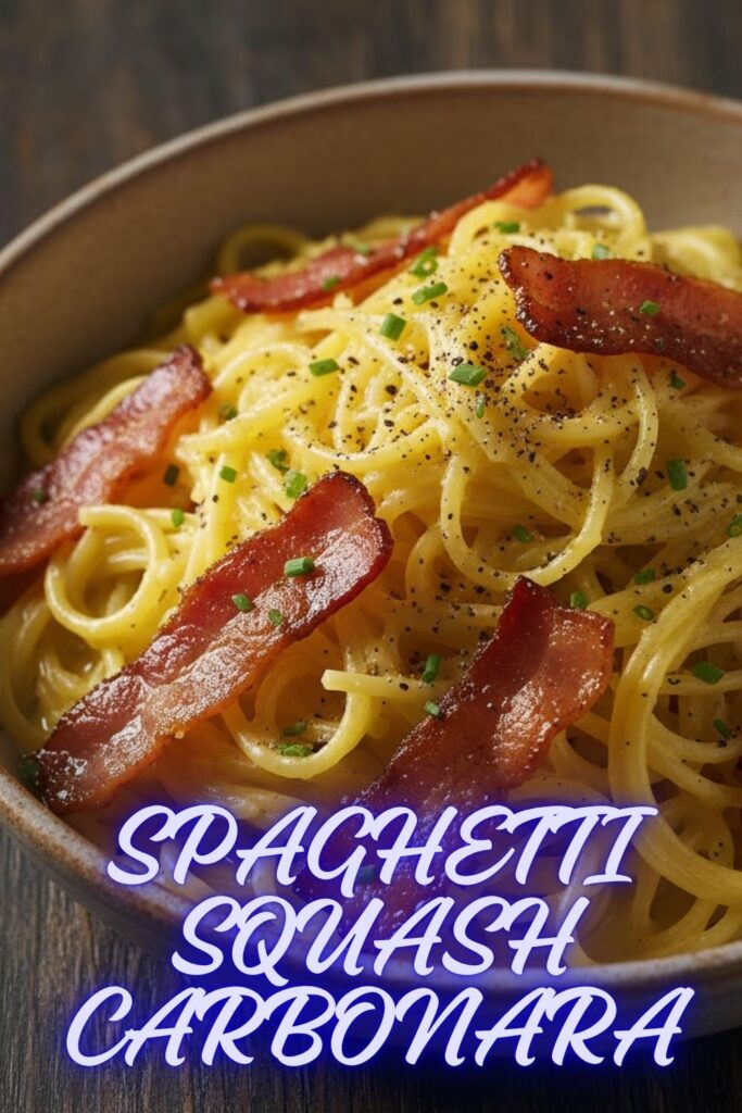 A bowl of creamy spaghetti squash carbonara with crispy bacon, featuring the text overlay "SPAGHETTI SQUASH CARBONARA" as a recipe title.