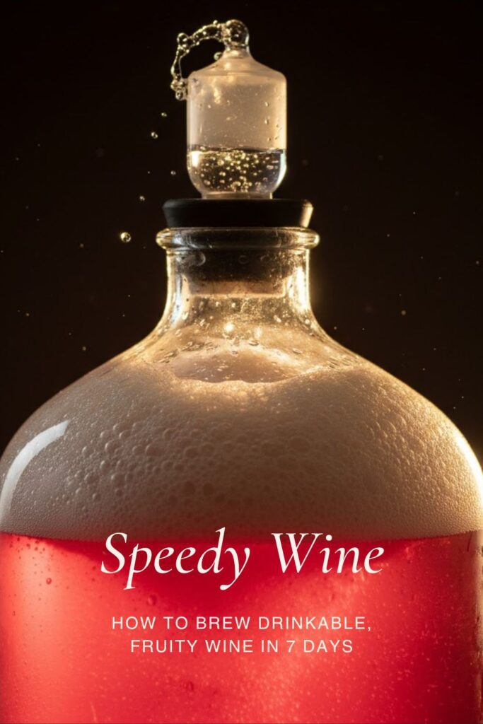 Glass carboy with bright red wine actively fermenting with a bubbling airlock, ready for text overlay "Speedy Wine")