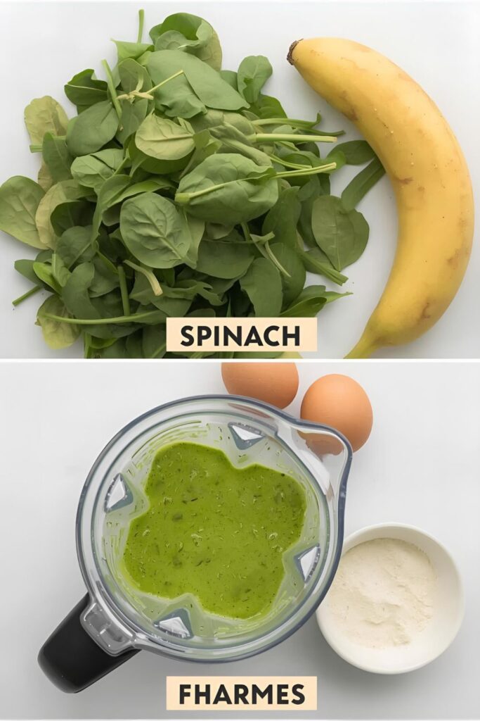 A flat-lay collage of the ingredients for spinach pancakes, including fresh spinach, banana, and eggs, arranged around a blender.