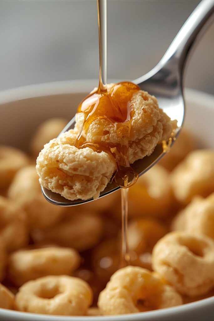 An extreme close-up macro shot of a spoon lifting a scoop of pancake cereal from a bowl, highlighting the fluffy texture.