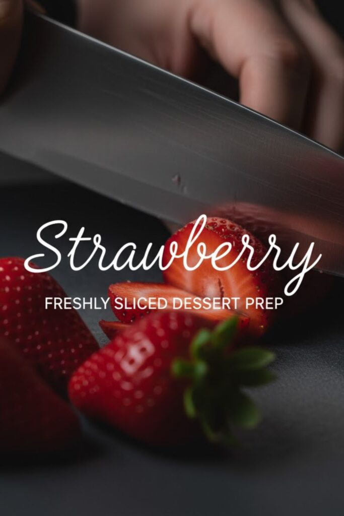 Text overlay on a photo of fresh strawberries being rinsed. Text reads: Strawberry.