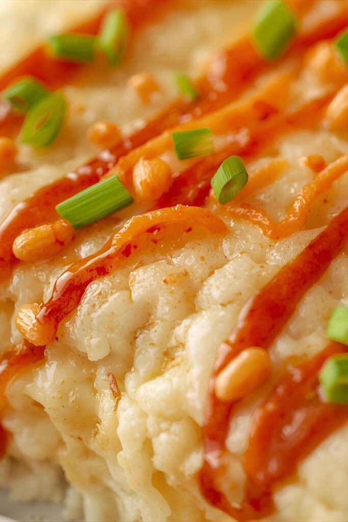A close-up macro shot of the corner of a sushi bake, showing the bubbly, golden-brown topping of mayo and masago over the creamy crab layer.