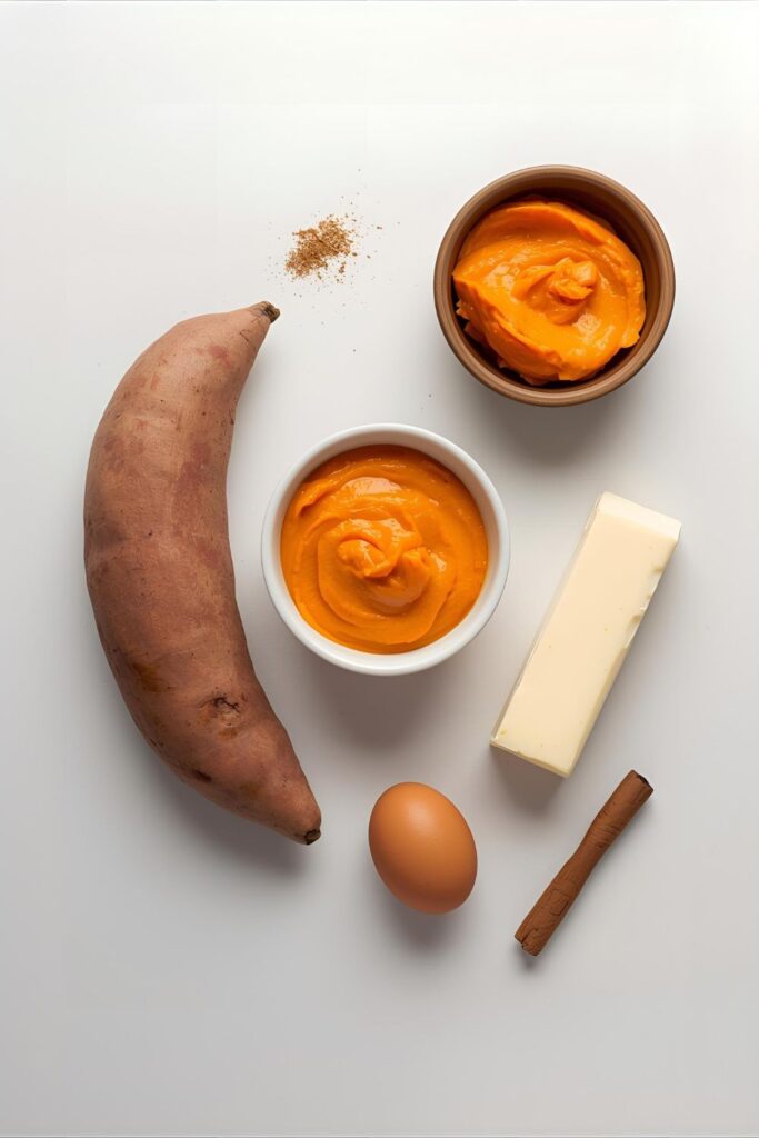 A flat-lay image of the ingredients for sweet potato cookies, including a cooked sweet potato, butter, and spices.