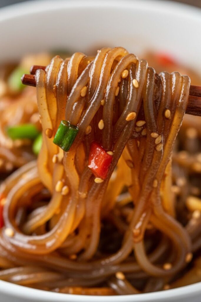 Close-up of lifted sweet potato noodles showing chewiness and a serving bowl of finished noodle stir-fry.)