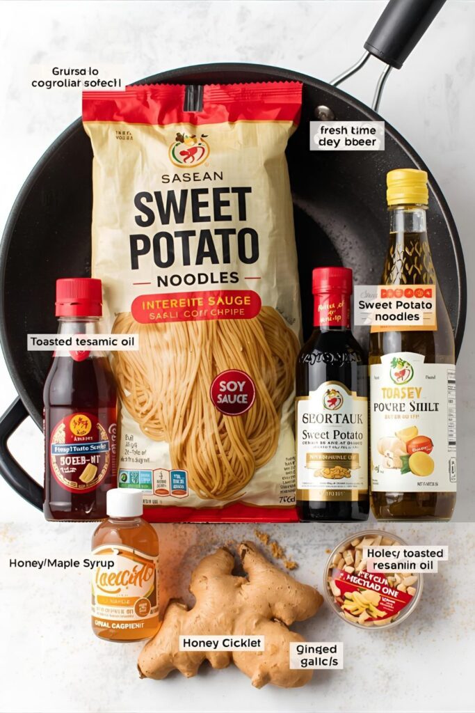 A collage of sweet potato noodles, soy sauce, sesame oil, and fresh aromatics.)