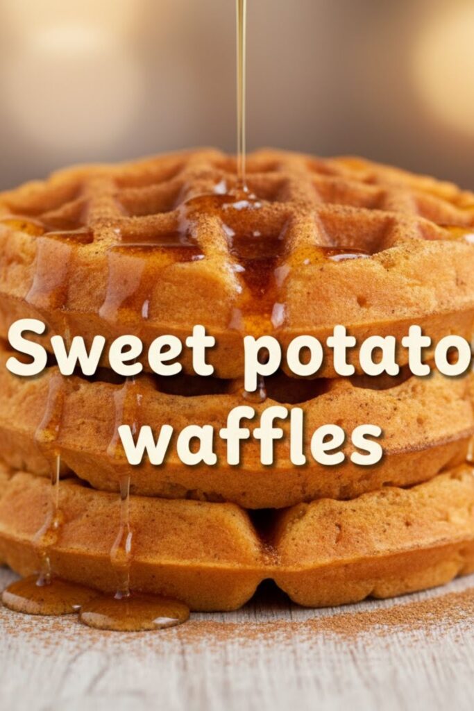 "Sweet potato waffles" text overlay on a close-up, high-quality, stack of three golden-orange sweet potato waffles topped with a drizzle of maple syrup and a light dusting of cinnamon on a wooden surface.