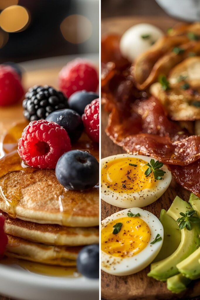 Two contrasting close-up photos of sections of a breakfast board: one featuring sweet elements like pancakes, berries, and syrup, and the other showcasing savory items like bacon, hard-boiled eggs, and avocado