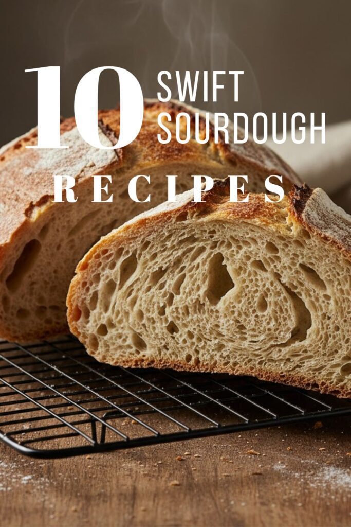 Close-up of a golden-brown sourdough loaf with a great crust, showing an open crumb, ready for text overlay "10 Swift Sourdough Recipe")