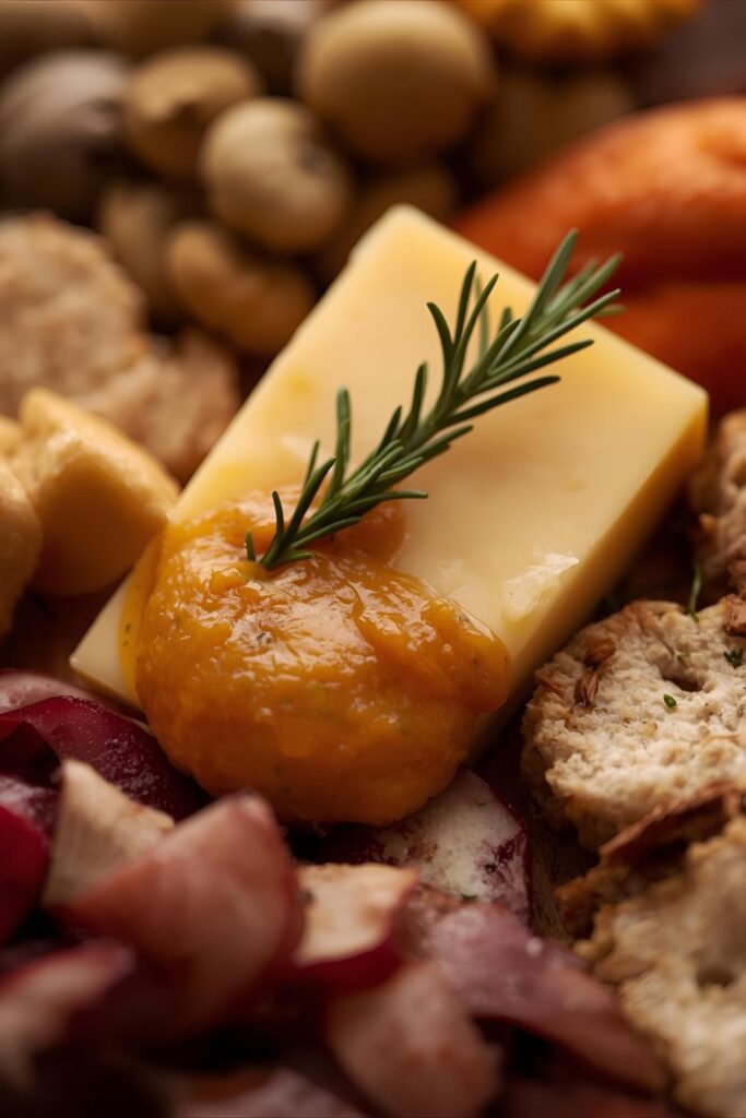 a close-up of a cheese and pumpkin butter dip on the board, and a wider shot of the fully assembled Thanksgiving grazing board in a festive setting.