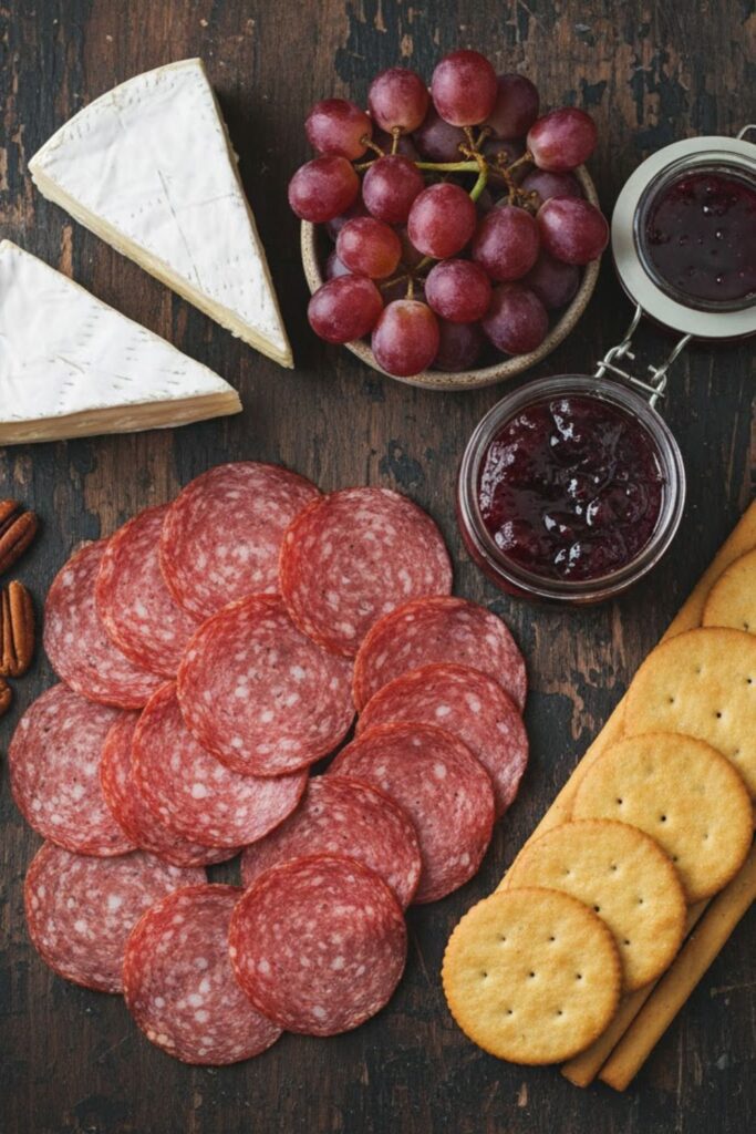 A collage of fresh ingredients for a Thanksgiving grazing board, including cheese, charcuterie, fruit, and crackers