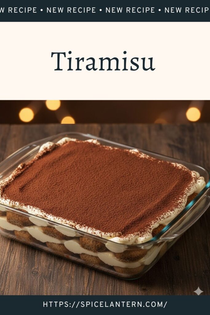 A wide, overhead shot of a finished Tiramisu in a glass dish, heavily dusted with cocoa powder and ready to serve. The text "Tiramisu" is overlaid
