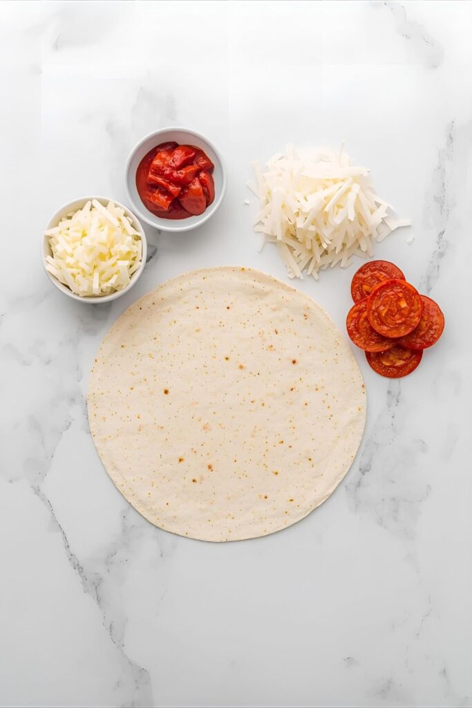 A flat lay of ingredients for a tortilla pizza: a flour tortilla, a bowl of pizza sauce, shredded mozzarella, and pepperoni slices.