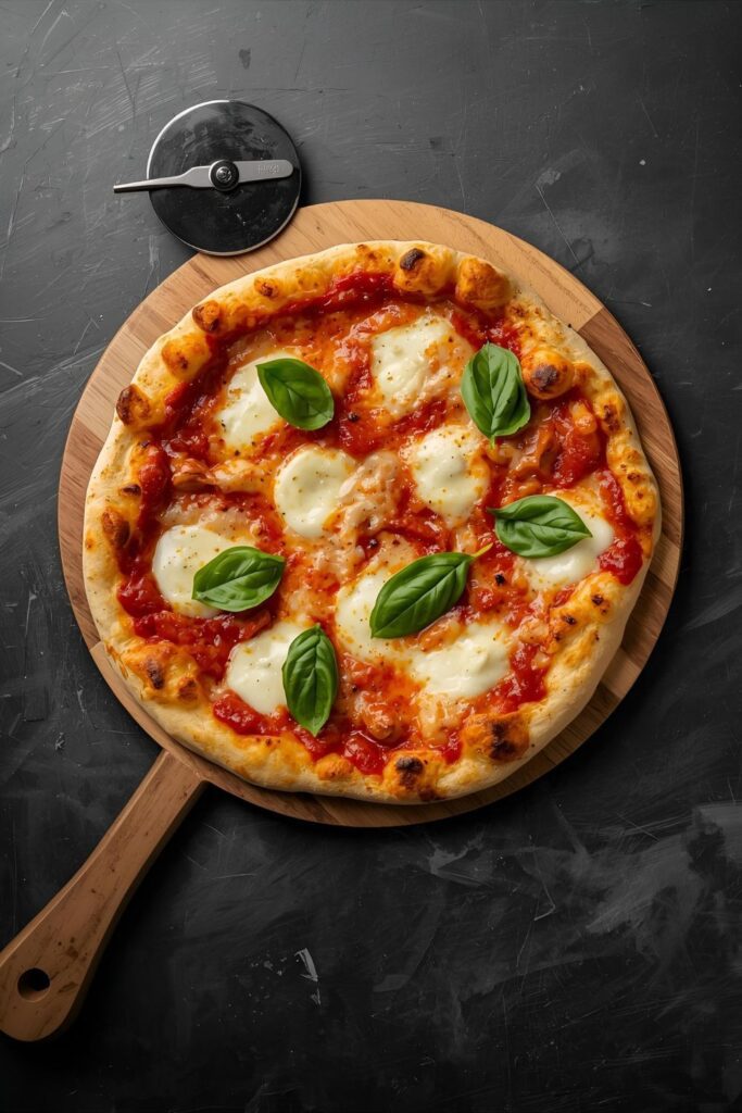 A whole, uncut tortilla pizza topped with fresh basil, sitting on a round wooden cutting board next to a pizza cutter.