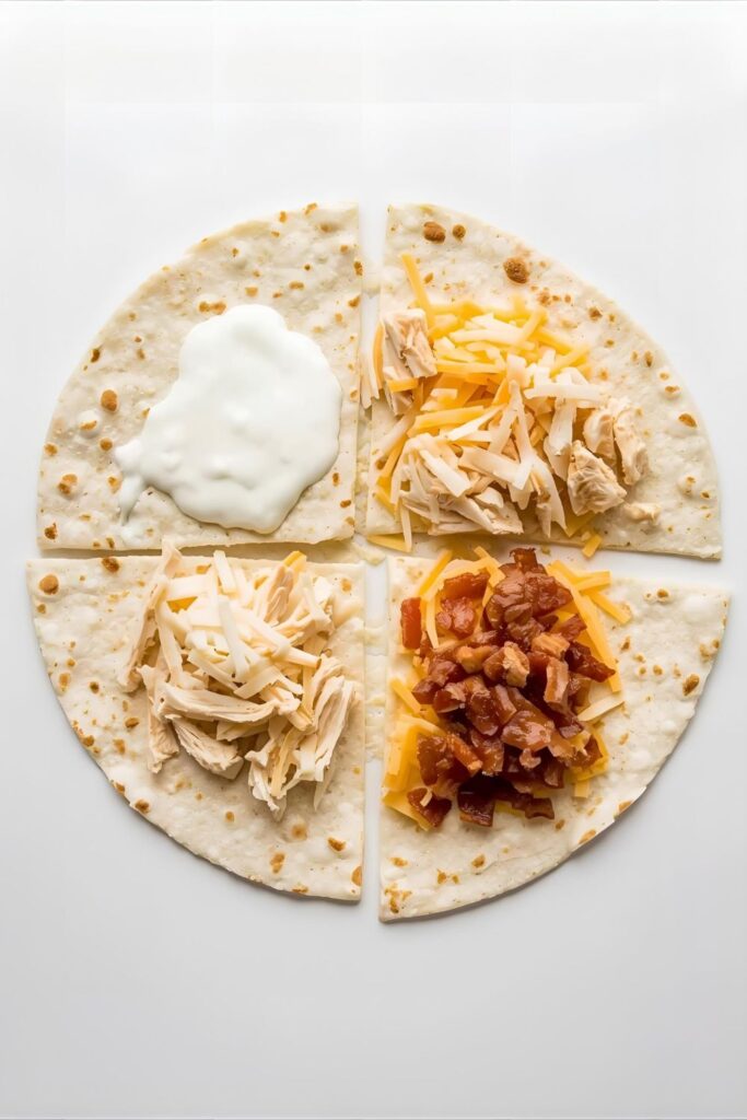 A flat lay showing a large tortilla with a cut to the center, with each of the four quadrants filled with ingredients like chicken and cheese.