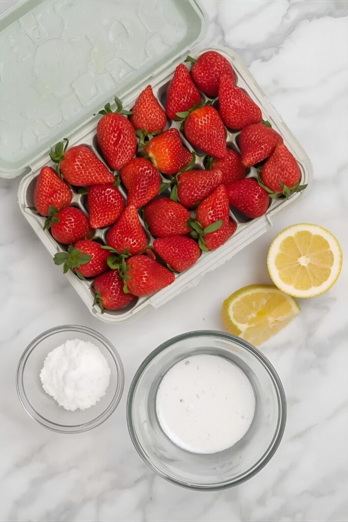 Flat lay photo of fresh strawberries, sugar, lemon, and a vinegar-water mixture for cleaning.