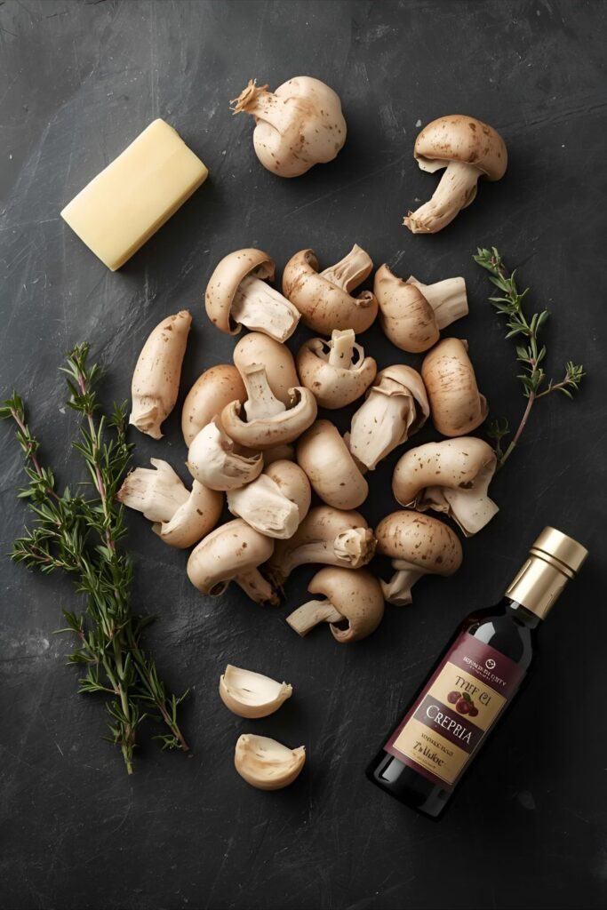Flat-lay collage of raw ingredients for truffle mushrooms: mixed fungi, butter, garlic, thyme, and truffle oil bottle.