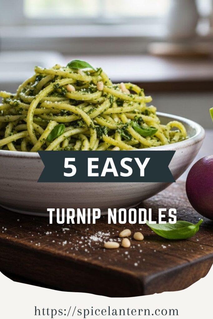 A close-up, vibrant photo of a pile of cooked turnip noodles in a white bowl, with a rich green pesto sauce, next to a fresh turnip. The text overlay reads: "TURNIP NOODLES".
