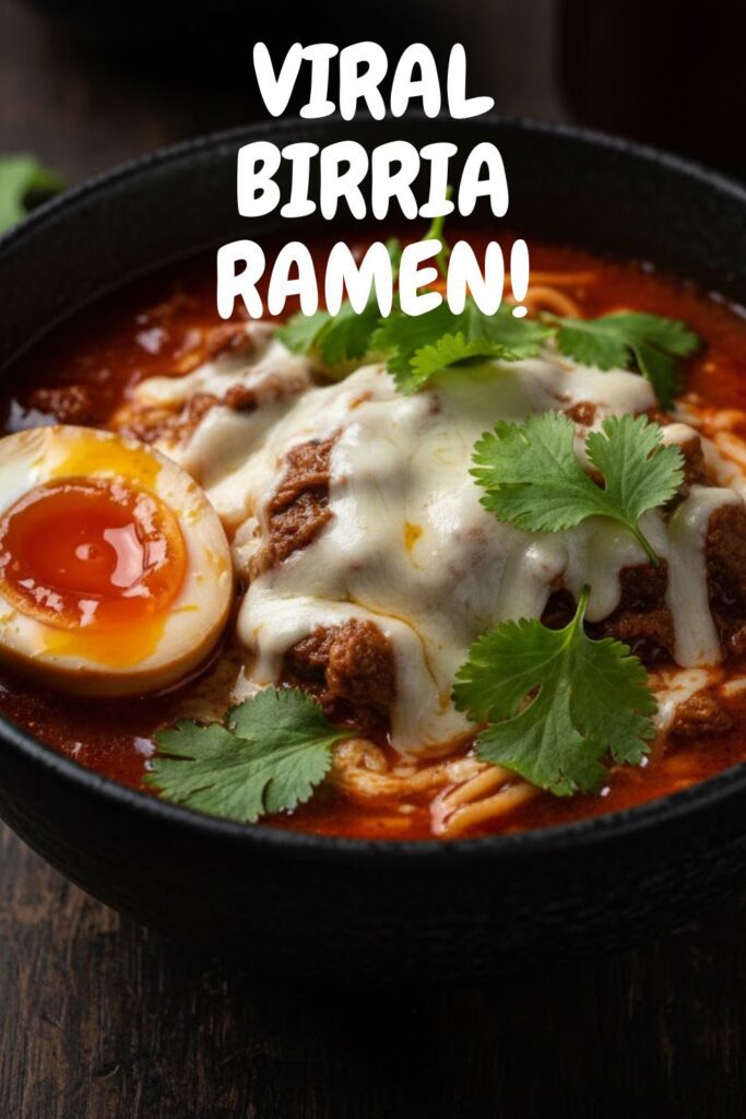 A delicious-looking bowl of viral birria ramen with a cheese pull, with the text "Viral Birria Ramen" overlaid.