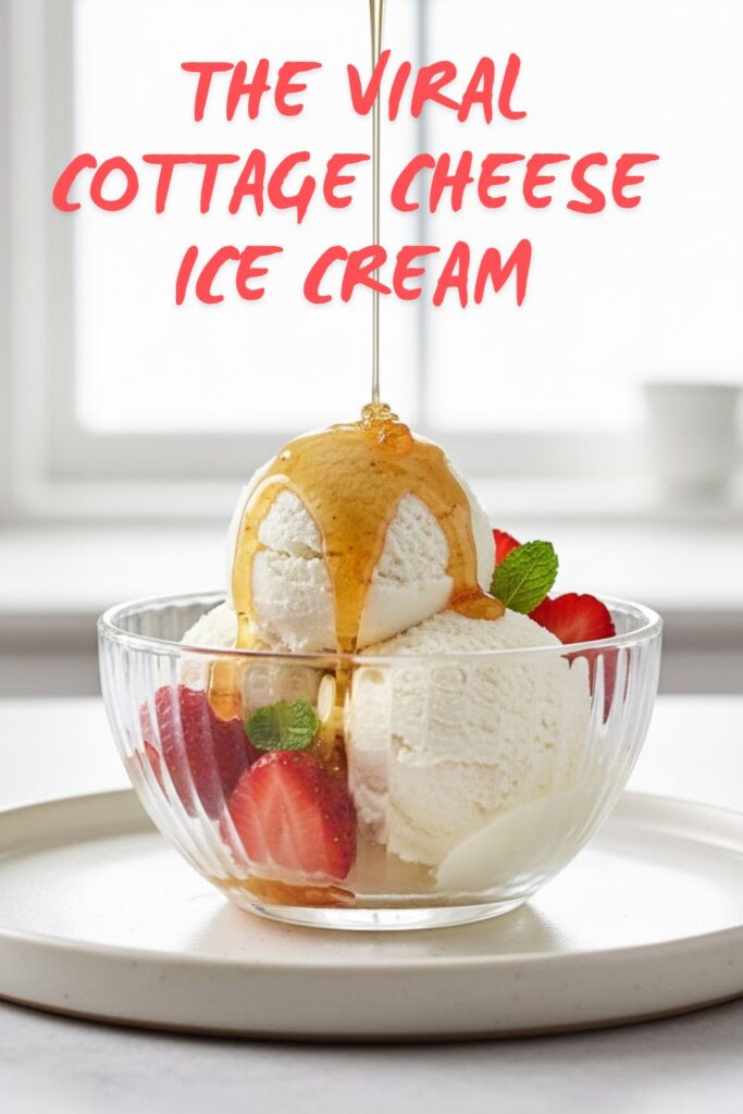 A bowl of creamy cottage cheese ice cream topped with strawberries and honey, with the title "THE VIRAL COTTAGE CHEESE ICE CREAM" overlaid.