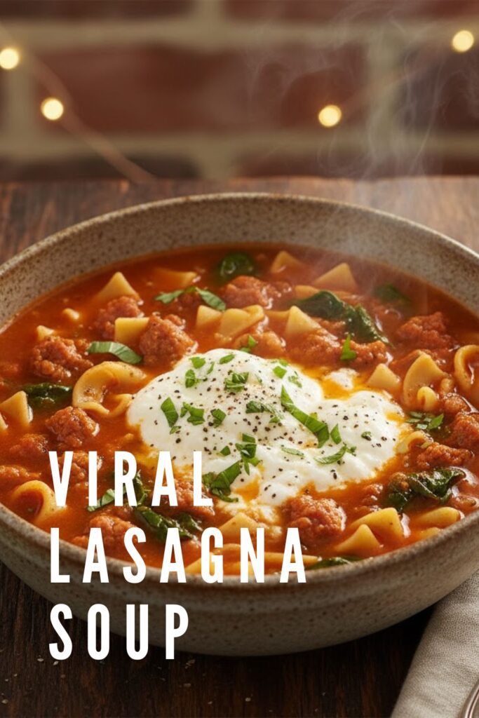 A hearty bowl of viral lasagna soup topped with a large dollop of ricotta cheese, with the title "VIRAL LASAGNA SOUP" overlaid.