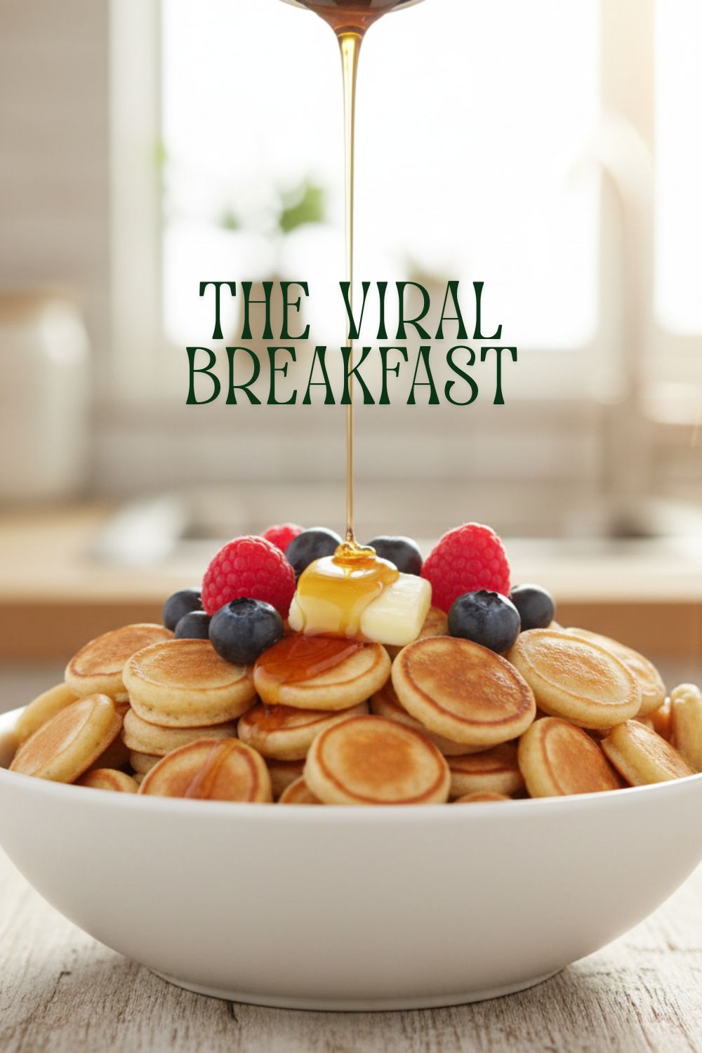A colorful bowl filled with golden-brown pancake cereal, topped with berries and syrup, with a text overlay that reads "The Viral Breakfast."