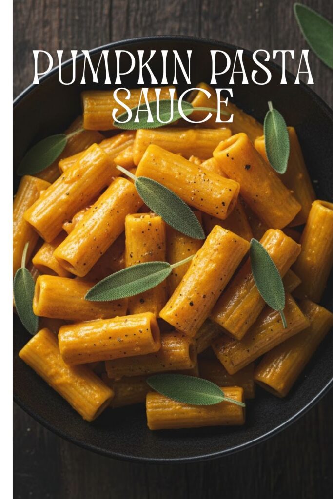A close-up shot of a plate of pasta perfectly coated in creamy pumpkin sauce, garnished with sage, featuring a bold text overlay that reads "PUMPKIN PASTA SAUCE."